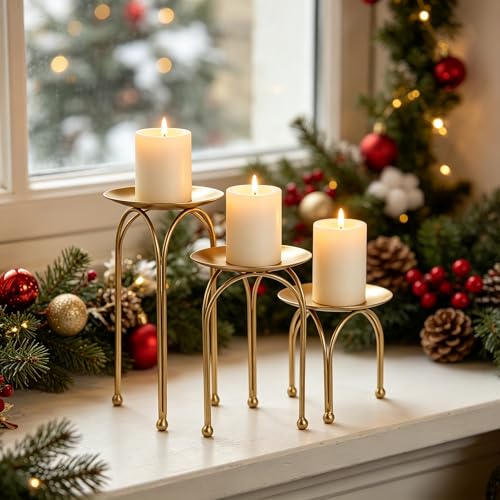 Hosley Style Gold Iron Pillar Candle Holders - Set of 3 Round Tripod Candle Stands, Elegant Metal Decorative Display Risers for Wedding Centerpieces, Home Dining Table, Party & Mantel Decor