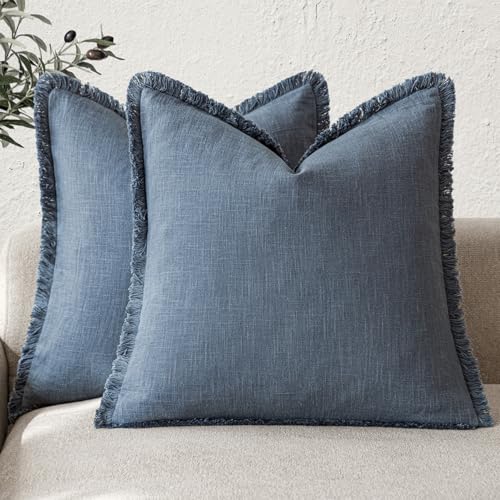 Foindtower Decorative Linen Fringe Throw Pillow Covers 26×26 Inch,Dark Blue