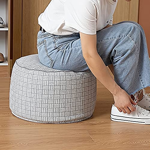 MOCOFO Decoration Pouf Cover Unstuffed Round for Living Room, Cotton Woven Poufs ，Ottoman Foot Stool（Grey Stripes,40x40x25cm）