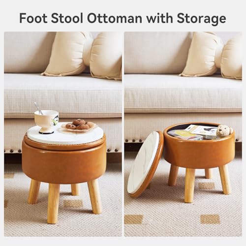 IBUYKE Small Foot Stool Ottoman with Storage, Round,Yellowish-Brown