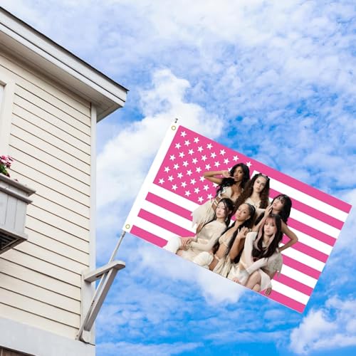 Katseye Pink American Flag Tapestry, 3x5 FT Polyester Wall Hanging with Brass Grommets, Single-Side Print for Bedroom Studio Decor
