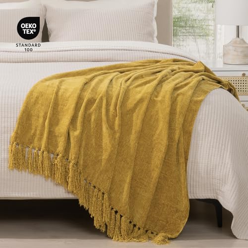 RECYCO Chenille Throw Blanket for Couch, 50"x60", Mustard Yellow
