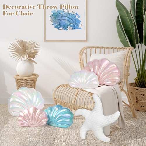 Marble Empire Seashell Pillow - Holographic Iridescent Foil Fabric Throw Pillow for Couch, Coastal Beach Theme Decor, Ocean Themed Bedroom Living Room Accent Pillow（Pearl White,18×13''）