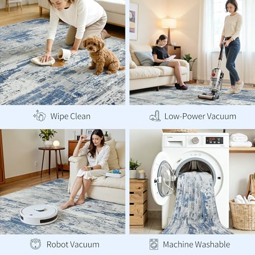8x10 Area Rugs for Living Room Large Washable Abstract Rug Grey/Blue