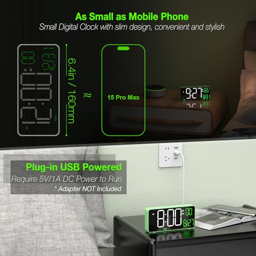 KOSUMOSU Digital Clock for Bedroom, 6.7in Desk Clock, Auto Dimming, Room Temperature, Day of The Week, Date, Seconds, Clocks for Living Room, Alarm Clocks for Bedrooms