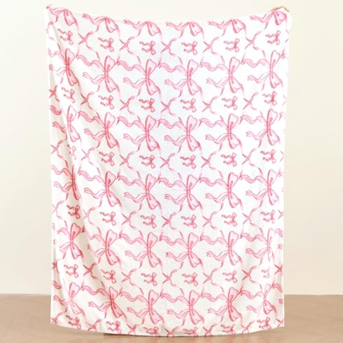 Pink Bow Throw Blanket –Spring Mother's Day Soft Fleece Blanket for Girls and Women, Coquette Aesthetic Room Decor for Bed, Couch, Chair, Preppy Bedroom or Gift, Cute Pink Bow Decor Blanket