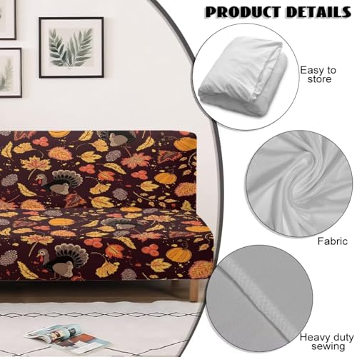 Thanksgiving Turkey Maple Futon Slipcover Armless Futon Bed Covers Stretch Furniture Protector Without Armrests with Elastic Bottom for Kids,Pets