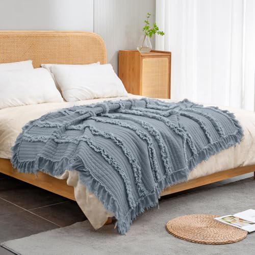 Ultra Soft Pre-Washed Quilted Boho Dark Blue King Size Blankets for Bed, Ruffle Fringed Decorative Throw, Stone Washed Chic Rustic Blanket for Sofa Couch Bed, 104"*90"