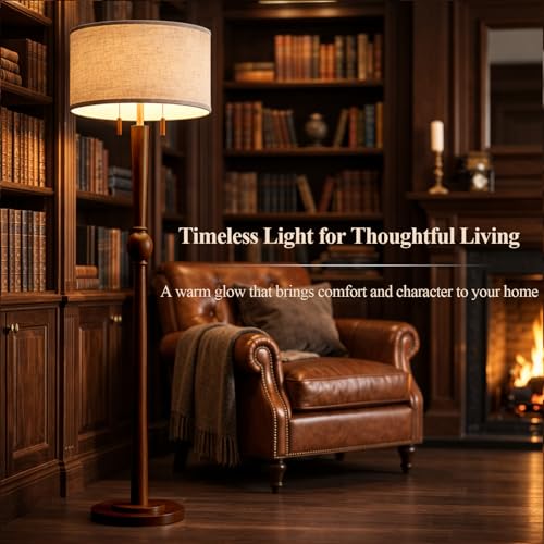 MOFFE 62.8" Solid Wood Floor Lamp,Tall Standing Floor Lamp with 2-Light Pull Chain, 17" Linen Drum Shade, Sculptural Wood Base & Stem,Transitional Floor Lamp for Living Room Bedroom, Includes 2 Bulbs