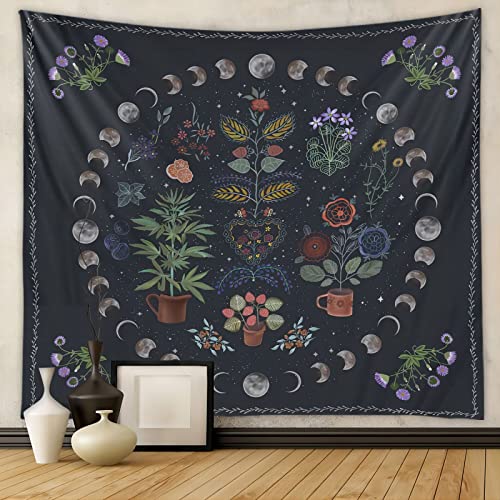LINICE Nature Moon Phase Wall Hanging, Bohemian Mandala Tapestry Aesthetic Bedroom Decor, Botanical Tapestry Suitable For Bedroom Home Dorm