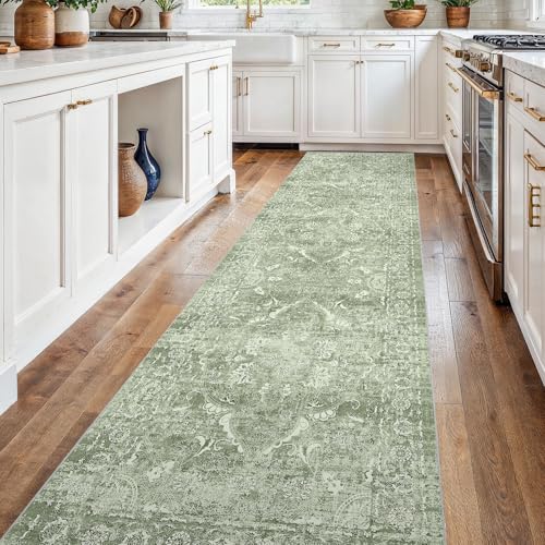 2'6"x14 Washable Long Runner Rug: Vintage Non Slip Hallway Rug SageGreen
