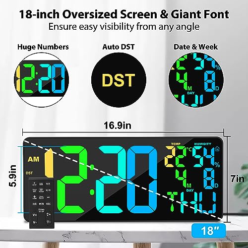 [Oversized] 18" Digital Wall Clock Large Display, 11 RGB Color Changing Large Digital Wall Clock with Remote, Date, DST, Temperature, Auto Brightness Digital Alarm Clock for All Spaces Use