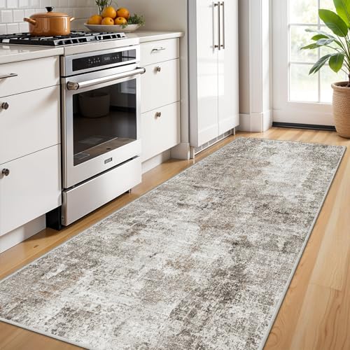 3x7 Washable Non-Slip Kitchen Runner Rug – Modern Abstract Neutral Beige & Gray Carpet for Hallway, Entryway, Bedroom, Laundry Room – Low-Pile Thin Wide Floor Runner with Rubber Backing