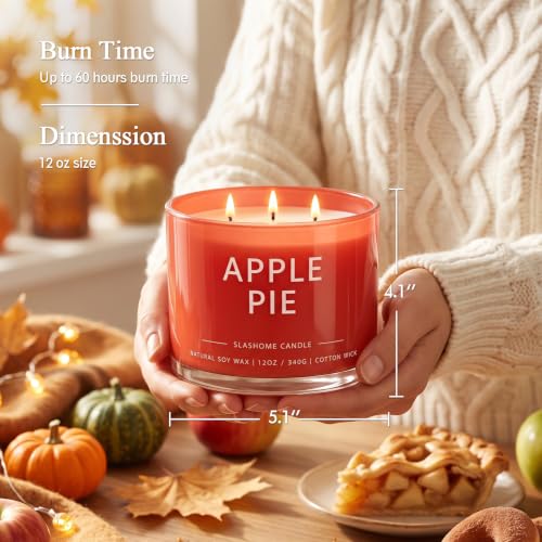 slashome Apple Pie Scented Candle, 12 Oz 3-Wick Soy Wax Fall Home Decor
