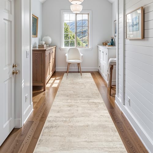 3x10 Washable Hallway Runner Rug - Indoor Modren Abstract Kitchen Carpet with Non Slip Backing Home Decor Long Rugs for Bedroom Laundry Entryway Ultra Soft Floor Mat for Bathroom 3x10 Beige