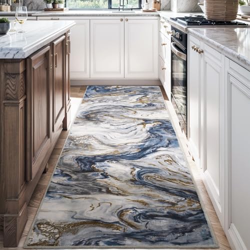 PADOOR Abstract 2'x6' Runner Rug, Washable Non-Slip Low Pile, Marble Blue