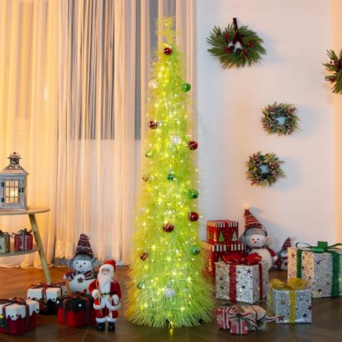 BrilliantJo Christmas Tree 5ft Valentines Day with Light Balls Ornaments Hairy Pop Up Pencil Tinsel Collapsible Stand for Xmas Holiday Party Decorations, Home Office Display Decor, Fruit Green