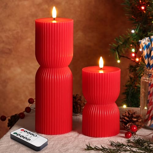Red Christmas Ribbed Flameless Pillar Candles with Remote Set of 2