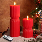 Red Christmas Ribbed Flameless Pillar Candles with Remote Set of 2