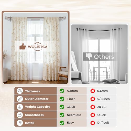 Double Curtain Rod 36-76 Inch, Boho Wood Decorative Dual Curtain Rods for Windows, 1" Adjustable Heavy Duty Double Rod, Unique Handmade Imitation Weathered Wood Grain Leaf Finials Design