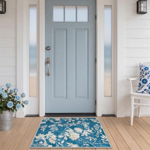 Soalmost Floral Washable Rugs 2x3, Soft Doormat for Entryway Navy Blue