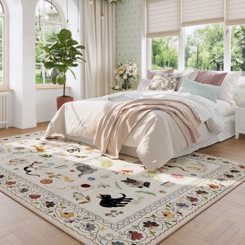 Rugcomf Large Area Rug 8x10 Washable Non Slip Floral Animal Cat, Beige