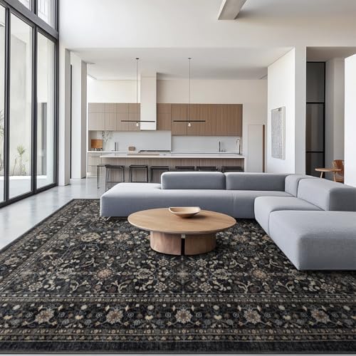 Ruaruarug Washable Area Rug 8x10 for Living Room, Bedroom, Ultra Soft Non Slip Stain & Fade Resistant, Pet & Kids Friendly, Suitable for High Traffic Areas Easy to Clean for Office Kitchen, Black Grey