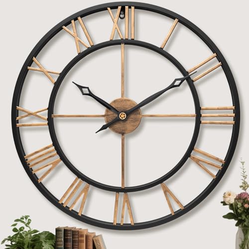 24 Inch Large Wall Clocks for Living Room Decor,Big Roman Numerals Vintage Gold Modern Decorative Metal Oversized Wall Clocks for Bedroom, Kitchen, Office,Housewarming Gift