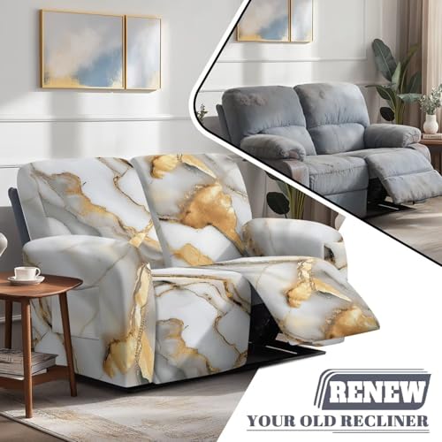 Reclining Loveseat Slipcover, White Gold Marble Crack Abstract Print 6-Piece Stretch Lazy Boy Sofa Covers, 2 Seat Loveseat Recliner Cover Thick Soft Washable