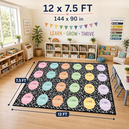 BreezeHug 7.5 x 12 ft Classroom Rug Pastel Composition Notebook Rug Back to School Supplies Educational Area Classroom Carpet Positive Affirmation Station Carpet for Teaching Playroom Read Room Decor
