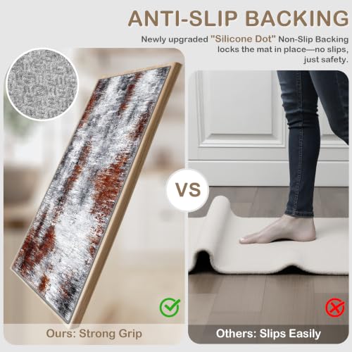 Upgrade Non Slip Kitchen Rugs Sets of 3 Washable Kitchen Mats for Floor Abstract Kitchen Runner Rug Soft Floor Mat Set Kitchen Carpet Rugs for Hallway, Laundry, Entryway, Office, Rust Red