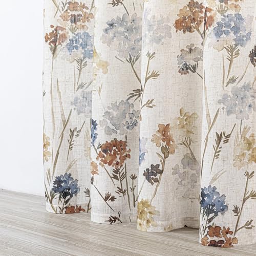MYSKY HOME Floral Linen Curtains 84 inch Length 2 Panels Set Summer Flower Patterned Semi Sheer Light Filtering Privacy Farmhouse Grommet Drapes for Living/Dining Room, Yellow, W52 x L84, Pack-2