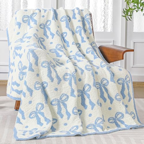 Buryeah Blue Bow Blanket Soft Microfiber Double Sided Bow Throw Blanket 50"x 60" Coquette Aesthetic Plush Bedding Stuff Sofa Chair Dormitory Preppy Room Decor for Women, Wedding Bridesmaid Gifts, Mom