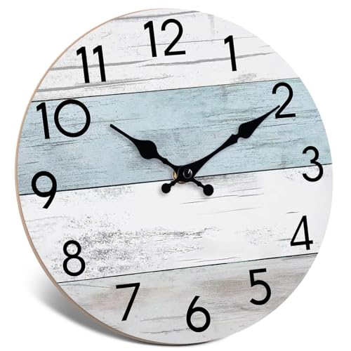 KECYET Wall Clock Silent Non-Ticking Wooden Clocks Battery Operated 12 Inch Small Country Retro Rustic and Beach Style Decorative for Living Room, Kitchen, Home,Bathroom, Bedroom (Blue)