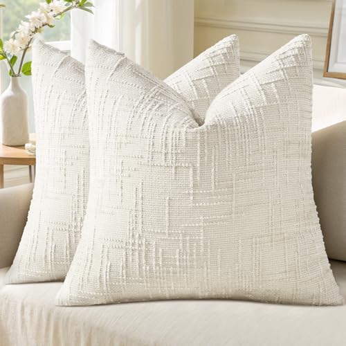 decorUhome Fall Cream White Chenille Throw Pillow Covers 18x18 Set of 2 Textured Soft Cozy Slubby Couch Pillow Covers Modern Farmhouse Boho Decorative Pillow Cases for Bed Sofa Living Room