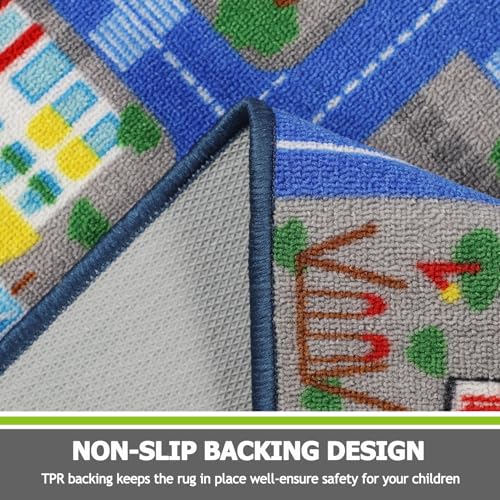 Capslpad Blue Car Road Kid Rug Carpet Playmat for Playoom Traffic Road Kids Play Mat for Toddler Non Slip Washable City Map Race Track Carpet Rug for Kids Room Bedroom Nursery Room Decor,5'x 6'6"