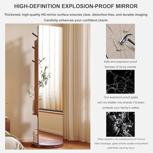 4-in-1 Full Length Mirror with Jewelry Cabinet, Makeup Organizer & Coat Rack - 360° Rotating Wood Floor Mirror, Space-Saving Dressing Mirror for Bedroom & Entryway