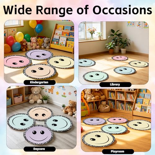 12Pcs Smiley Face Carpet Circle Seats for Classroom Decor 16 Inch Non Slip Floor Cushions Smiley Composition Notebook Classroom Rug Round Floor Mat for Preschool Kindergarten Reading Playing Area