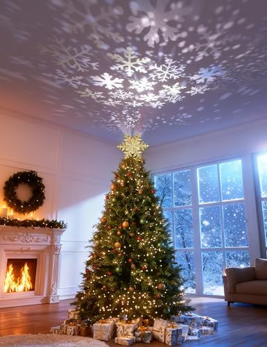 DG-Direct Christmas Tree Topper Lighted with Golden Snowflake Projector, Led Rotating Magic Snowflake, 3D Hollow Glitter Lighted Gold Snow Tree Topper for Christmas Tree Decorations