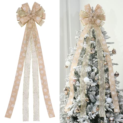 Christmas Tree Topper, Bow Large Christmas Bow Tree Topper, for Xmas Ornament Holiday Home Wedding Thanksgiving Indoor/Outdoor Decoration (Gold)