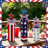 3 Pcs Patriotic Wooden Table Decor, 4th of July Tiered Tray Decor, Red White Blue Star Firework Centerpieces, USA Flag Wooden Blocks for Independence Day Memorial Day Home Decor