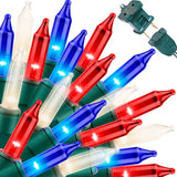 LAMPHOME Red White and Blue Patriotic Mini String Lights, 31.9FT 150 Incandescent Lights, Connectable 120V Waterproof Green Wire, 4th of July Independence Day Decor for Indoor Outdoor Christmas Party