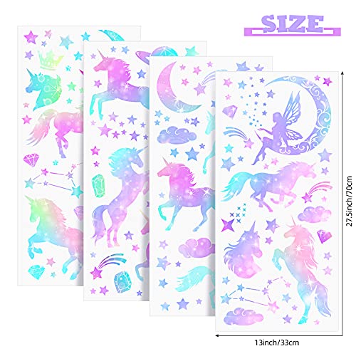 4 Sheets of Unicorn Peel and Stick Wall Decal Glitter Unicorn and Fairy Wall Stickers Cartoon Wall Decals Removable DIY for Bedroom Playroom Living Room Decor