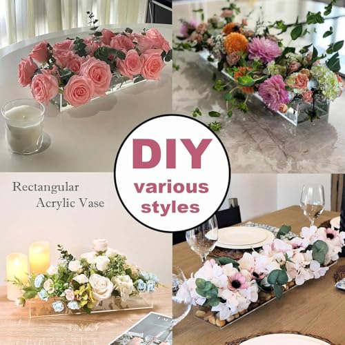 4Pcs Acrylic Flower Vase with 64 Holes,63 inch Decorative Long Clear Vase Modern,Rectangular Acrylic Vases Clear Floral Centerpiece for Dining Table Reception Home Party Decorations