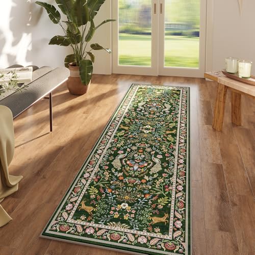 Rugcomf Runner Rug 2x6 Floral Washable Non Slip, Emerald Green