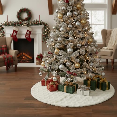 48 Inch Christmas Tree Skirt Faux Fur with Cable Knit Knitted Thick Decoration for Merry Christmas Decorations