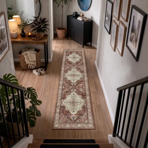 2x8 Non-Slip Runner Rug, Brick Red Vintage Distressed
