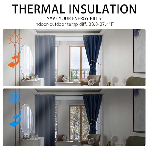 JIUZHEN Blackout Curtains for Bedroom– Thermal Insulated,Noise Reducing Room Darkening Drapes for Living Room, Rod Pocket Curtains with Tiebacks, Set of 2 Panels, 42 x 63 Inch Length, Navy Blue