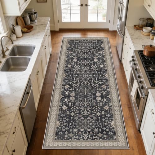 2'6 x 8' Runners Rug for Hallway Washable (Charcoal Blush Ivory)