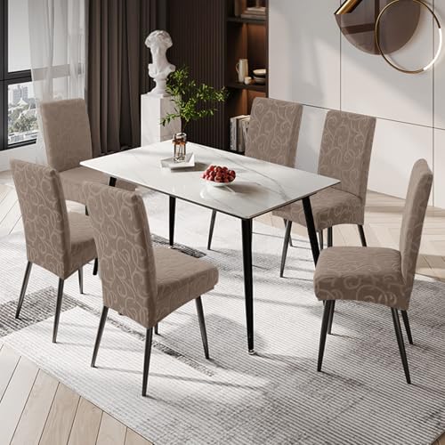 Genina Waterproof Dining Room Chair Covers Stretch Parsons Chair Slipcovers for Dining Room Kitchen Chair Protector Cover, Removable, Washable (4, Flower Pattern-Taupe)